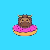 Cute bull with a donut on his neck. Animal cartoon concept isolated. Can used for t-shirt, greeting card, invitation card or mascot. Flat Cartoon Style vector