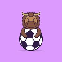 lindo toro jugando al fútbol. aislado concepto de dibujos animados de animales. Puede utilizarse para camiseta, tarjeta de felicitación, tarjeta de invitación o mascota. estilo de dibujos animados plana vector