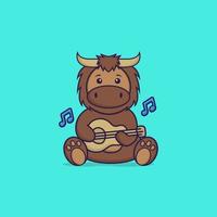 Cute bull playing guitar. Animal cartoon concept isolated. Can used for t-shirt, greeting card, invitation card or mascot. Flat Cartoon Style vector