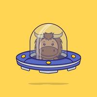 lindo toro conduciendo nave espacial ovni. aislado concepto de dibujos animados de animales. Puede utilizarse para camiseta, tarjeta de felicitación, tarjeta de invitación o mascota. estilo de dibujos animados plana vector
