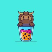 Cute bull Drinking Boba milk tea. Animal cartoon concept isolated. Can used for t-shirt, greeting card, invitation card or mascot. Flat Cartoon Style vector