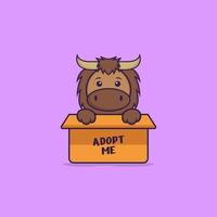 Cute bull in box with a poster Adopt me. Animal cartoon concept isolated. Can used for t-shirt, greeting card, invitation card or mascot. Flat Cartoon Style vector