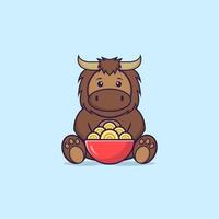 Cute bull eating ramen noodles. Animal cartoon concept isolated. Can used for t-shirt, greeting card, invitation card or mascot. Flat Cartoon Style vector