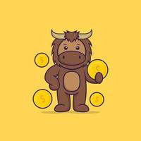 Cute bull holding coin. Animal cartoon concept isolated. Can used for t-shirt, greeting card, invitation card or mascot. Flat Cartoon Style vector