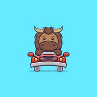 Cute bull is driving. Animal cartoon concept isolated. Can used for t-shirt, greeting card, invitation card or mascot. Flat Cartoon Style vector