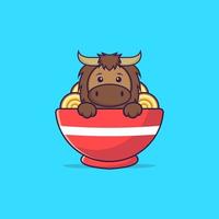 Cute bull eating ramen noodles. Animal cartoon concept isolated. Can used for t-shirt, greeting card, invitation card or mascot. Flat Cartoon Style vector