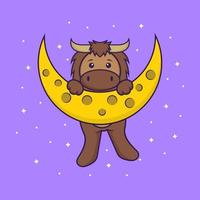 lindo toro está en la luna. aislado concepto de dibujos animados de animales. Puede utilizarse para camiseta, tarjeta de felicitación, tarjeta de invitación o mascota. estilo de dibujos animados plana vector