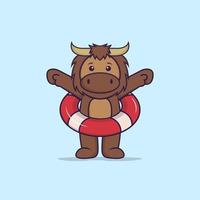 Cute bull using a float. Animal cartoon concept isolated. Can used for t-shirt, greeting card, invitation card or mascot. Flat Cartoon Style vector