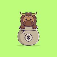 Cute bull playing in money bag. Animal cartoon concept isolated. Can used for t-shirt, greeting card, invitation card or mascot. Flat Cartoon Style vector