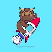 Cute bull flying on rocket. Animal cartoon concept isolated. Can used for t-shirt, greeting card, invitation card or mascot. Flat Cartoon Style vector