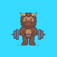 Cute bull lifts the barbell. Animal cartoon concept isolated. Can used for t-shirt, greeting card, invitation card or mascot. Flat Cartoon Style vector