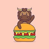 Cute bull eating burger. Animal cartoon concept isolated. Can used for t-shirt, greeting card, invitation card or mascot. Flat Cartoon Style vector