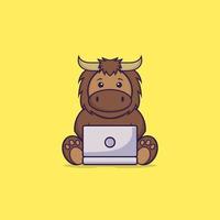 lindo toro usando laptop. aislado concepto de dibujos animados de animales. Puede utilizarse para camiseta, tarjeta de felicitación, tarjeta de invitación o mascota. estilo de dibujos animados plana vector