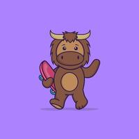 Cute bull holding a skateboard. Animal cartoon concept isolated. Can used for t-shirt, greeting card, invitation card or mascot. Flat Cartoon Style vector