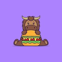 Cute bull eating burger. Animal cartoon concept isolated. Can used for t-shirt, greeting card, invitation card or mascot. Flat Cartoon Style vector