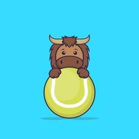 Cute bull playing tennis. Animal cartoon concept isolated. Can used for t-shirt, greeting card, invitation card or mascot. Flat Cartoon Style vector