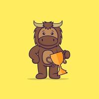 Cute bull holding gold trophy. Animal cartoon concept isolated. Can used for t-shirt, greeting card, invitation card or mascot. Flat Cartoon Style vector