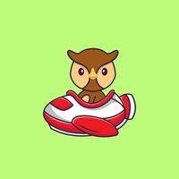 Cute owl flying on a plane. Animal cartoon concept isolated. Can used for t-shirt, greeting card, invitation card or mascot. Flat Cartoon Style vector