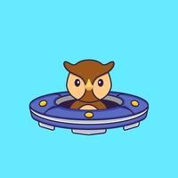 Cute owl Driving Spaceship Ufo. Animal cartoon concept isolated. Can used for t-shirt, greeting card, invitation card or mascot. Flat Cartoon Style vector