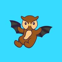 Cute owl is flying with wings. Animal cartoon concept isolated. Can used for t-shirt, greeting card, invitation card or mascot. Flat Cartoon Style