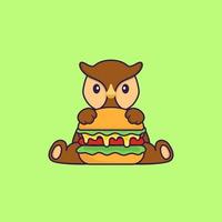 lindo búho comiendo hamburguesa. aislado concepto de dibujos animados de animales. Puede utilizarse para camiseta, tarjeta de felicitación, tarjeta de invitación o mascota. estilo de dibujos animados plana vector