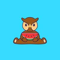 Cute owl eating watermelon. Animal cartoon concept isolated. Can used for t-shirt, greeting card, invitation card or mascot. Flat Cartoon Style vector