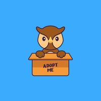 lindo búho en caja con un cartel adoptame. aislado concepto de dibujos animados de animales. Puede utilizarse para camiseta, tarjeta de felicitación, tarjeta de invitación o mascota. estilo de dibujos animados plana vector