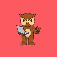 Cute owl holding laptop. Animal cartoon concept isolated. Can used for t-shirt, greeting card, invitation card or mascot. Flat Cartoon Style vector