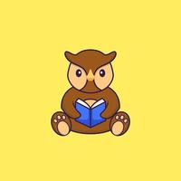 Cute owl reading a book. Animal cartoon concept isolated. Can used for t-shirt, greeting card, invitation card or mascot. Flat Cartoon Style vector