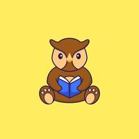 Cute owl reading a book. Animal cartoon concept isolated. Can used for t-shirt, greeting card, invitation card or mascot. Flat Cartoon Style vector