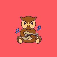 Cute owl playing guitar. Animal cartoon concept isolated. Can used for t-shirt, greeting card, invitation card or mascot. Flat Cartoon Style vector