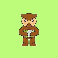 Cute owl holding a map. Animal cartoon concept isolated. Can used for t-shirt, greeting card, invitation card or mascot. Flat Cartoon Style vector