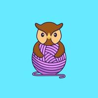 Cute owl playing with wool yarn. Animal cartoon concept isolated. Can used for t-shirt, greeting card, invitation card or mascot. Flat Cartoon Style vector