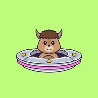 Cute sheep Driving Spaceship Ufo. Animal cartoon concept isolated. Can used for t-shirt, greeting card, invitation card or mascot. Flat Cartoon Style vector