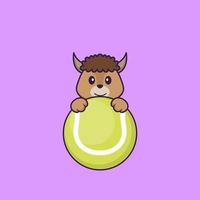 Cute sheep playing tennis. Animal cartoon concept isolated. Can used for t-shirt, greeting card, invitation card or mascot. Flat Cartoon Style vector