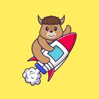 Cute sheep flying on rocket. Animal cartoon concept isolated. Can used for t-shirt, greeting card, invitation card or mascot. Flat Cartoon Style vector