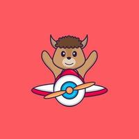 Cute sheep flying on a plane. Animal cartoon concept isolated. Can used for t-shirt, greeting card, invitation card or mascot. Flat Cartoon Style vector