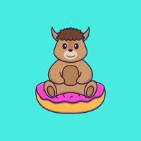 Cute sheep is sitting on donuts. Animal cartoon concept isolated. Can used for t-shirt, greeting card, invitation card or mascot. Flat Cartoon Style vector