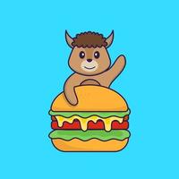Cute sheep eating burger. Animal cartoon concept isolated. Can used for t-shirt, greeting card, invitation card or mascot. Flat Cartoon Style vector