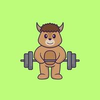 Cute sheep lifts the barbell. Animal cartoon concept isolated. Can used for t-shirt, greeting card, invitation card or mascot. Flat Cartoon Style vector