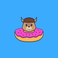 Cute sheep with a donut on his neck. Animal cartoon concept isolated. Can used for t-shirt, greeting card, invitation card or mascot. Flat Cartoon Style
