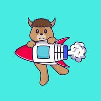 Cute sheep flying on rocket. Animal cartoon concept isolated. Can used for t-shirt, greeting card, invitation card or mascot. Flat Cartoon Style vector