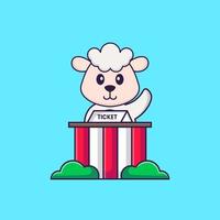 Cute sheep is being a ticket keeper. Animal cartoon concept isolated. Can used for t-shirt, greeting card, invitation card or mascot. Flat Cartoon Style vector