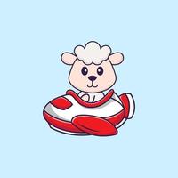 Cute sheep flying on a plane. Animal cartoon concept isolated. Can used for t-shirt, greeting card, invitation card or mascot. Flat Cartoon Style vector