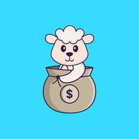 linda oveja en una bolsa de dinero. aislado concepto de dibujos animados de animales. Puede utilizarse para camiseta, tarjeta de felicitación, tarjeta de invitación o mascota. estilo de dibujos animados plana vector