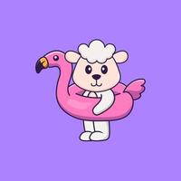 linda oveja con boya flamingo. aislado concepto de dibujos animados de animales. Puede utilizarse para camiseta, tarjeta de felicitación, tarjeta de invitación o mascota. estilo de dibujos animados plana vector