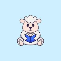 Cute sheep reading a book. Animal cartoon concept isolated. Can used for t-shirt, greeting card, invitation card or mascot. Flat Cartoon Style vector