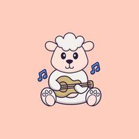 Cute sheep playing guitar. Animal cartoon concept isolated. Can used for t-shirt, greeting card, invitation card or mascot. Flat Cartoon Style vector