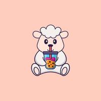 Cute sheep Drinking Boba milk tea. Animal cartoon concept isolated. Can used for t-shirt, greeting card, invitation card or mascot. Flat Cartoon Style vector