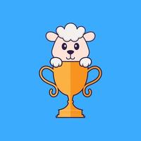 Cute sheep with gold trophy. Animal cartoon concept isolated. Can used for t-shirt, greeting card, invitation card or mascot. Flat Cartoon Style vector